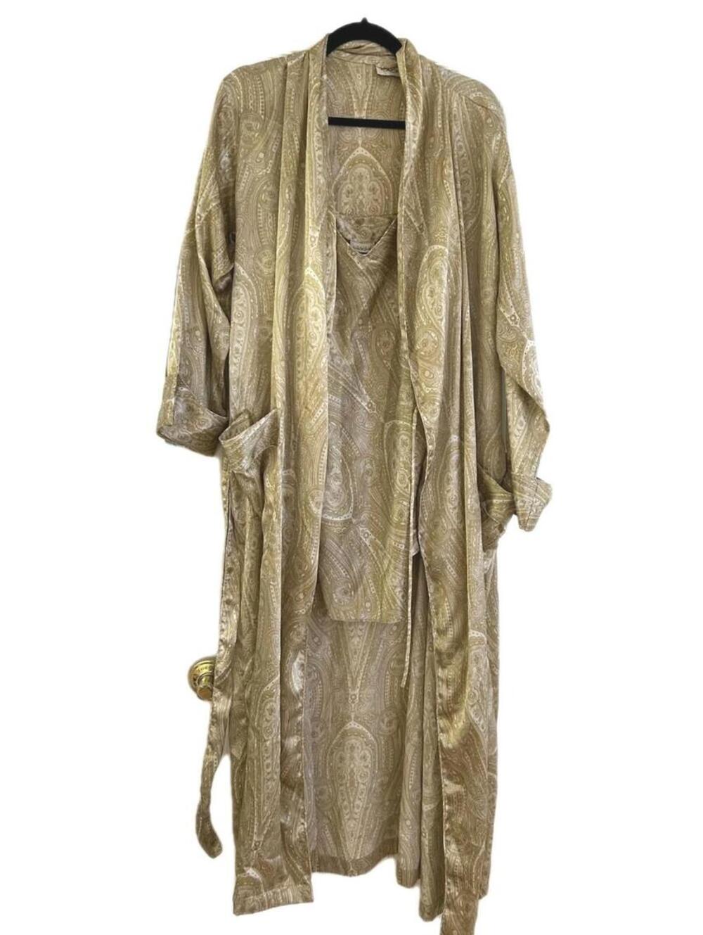 Cacique Gold & White Paisley Print Lingerie Robe & Slip Set Women’s Size S